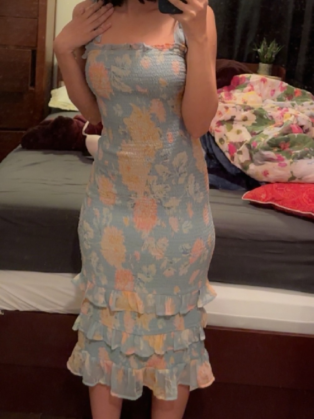 Abercrombie & Fitch Seafoam Floral Smocked Midi Dress with Ruffle Hem